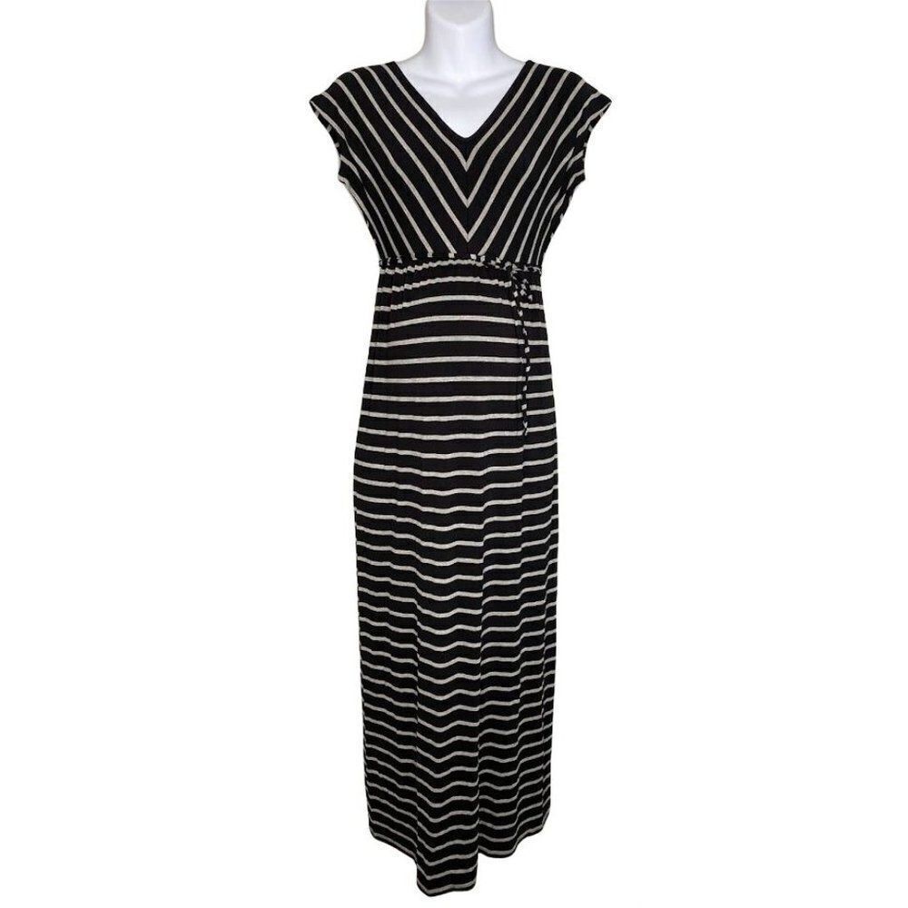 Motherhood Maternity Maxi Dress Women's XS Black Gray Stripes Short-Sleeve NEW